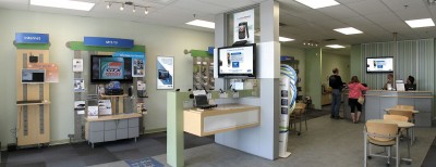 Manitoba Telecom Services (MTS) Connect has installed liquid crystal displays (LCDs) as digital posters, but primarily for in-store communications, rather than outside advertising at this point. Photos courtesy Dot 2 Dot Communications