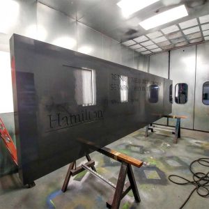 The 3.6- x 7.3-m (12- x 24-ft) spray booth serves as Matthew Lavery’s paint mixing station.