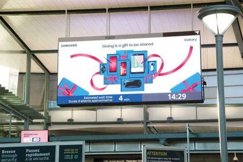 Video wall technology is heavily used at many airports, including  Edmonton International Airport, where they feature everything from the estimated wait time at security to departure and arrival details.