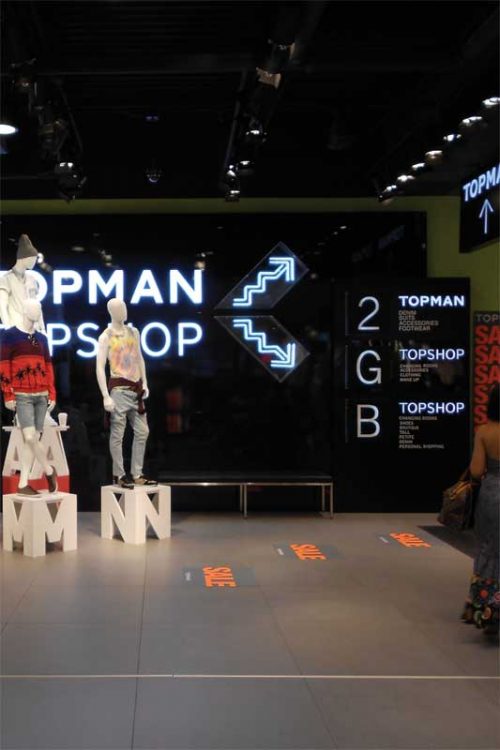 Fashion retailer Topshop has employed a large toolkit of visual elements to support wayfinding including a hierarchy of illuminated elements such as neon icon signs, directories, and product displays. 