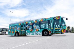 Throughout August, Vancouver transit provider TransLink is encouraging users to “ride with Pride,” on its one-of-a-kind, bee-themed Pride bus. Photo courtesy TransLink