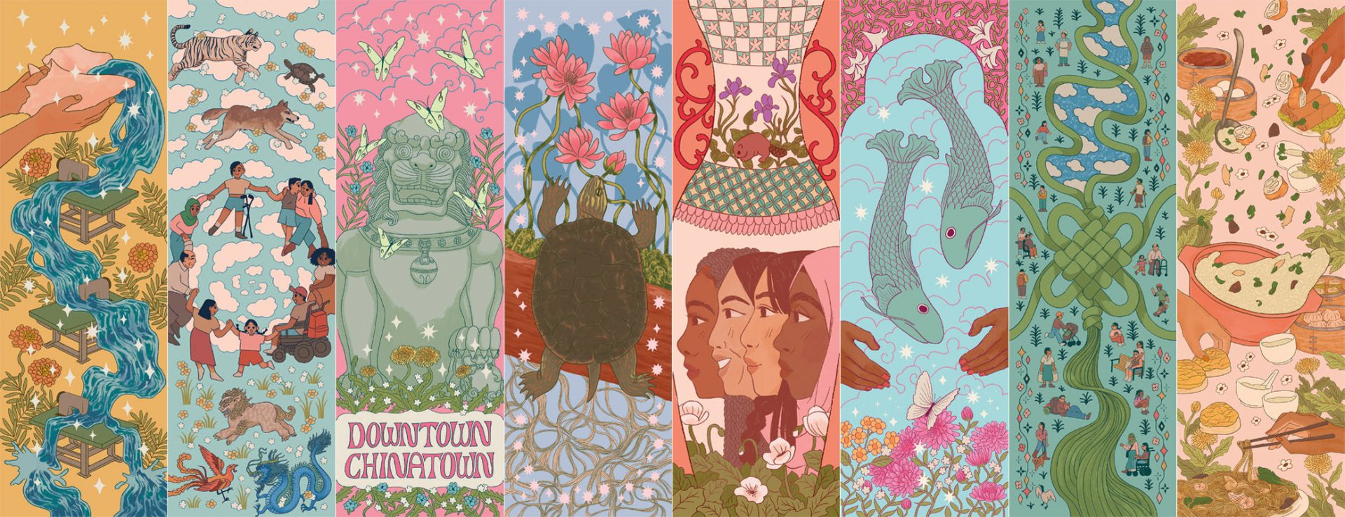 Eight new street banners were recently installed in the Chinatown neighbourhood in Winnipeg. Inspired by the Dynasty Building’s public garden, they aim to celebrate the Lunar New Year, share overlooked human experiences, and honour community teachings. Images courtesy Winnipeg Arts Council