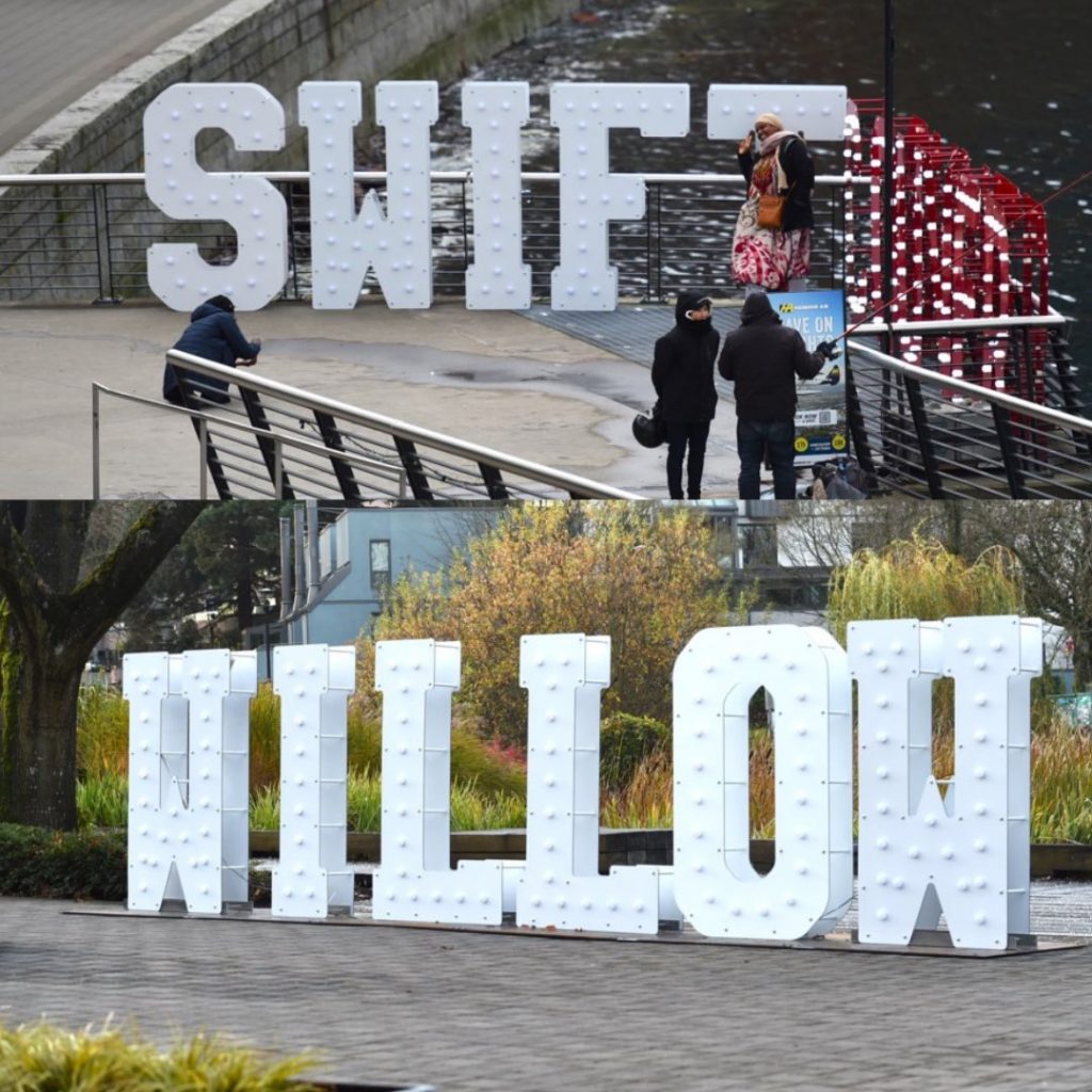 A collage of SWIFTCOUVER and WILLOW signs. 